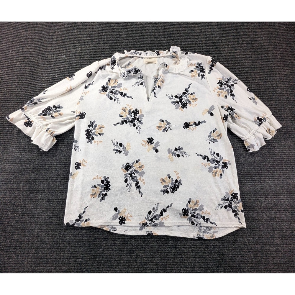 Melloday Blouse Top Womens Medium White Floral Stretch Ruffle Sleeve V Neck